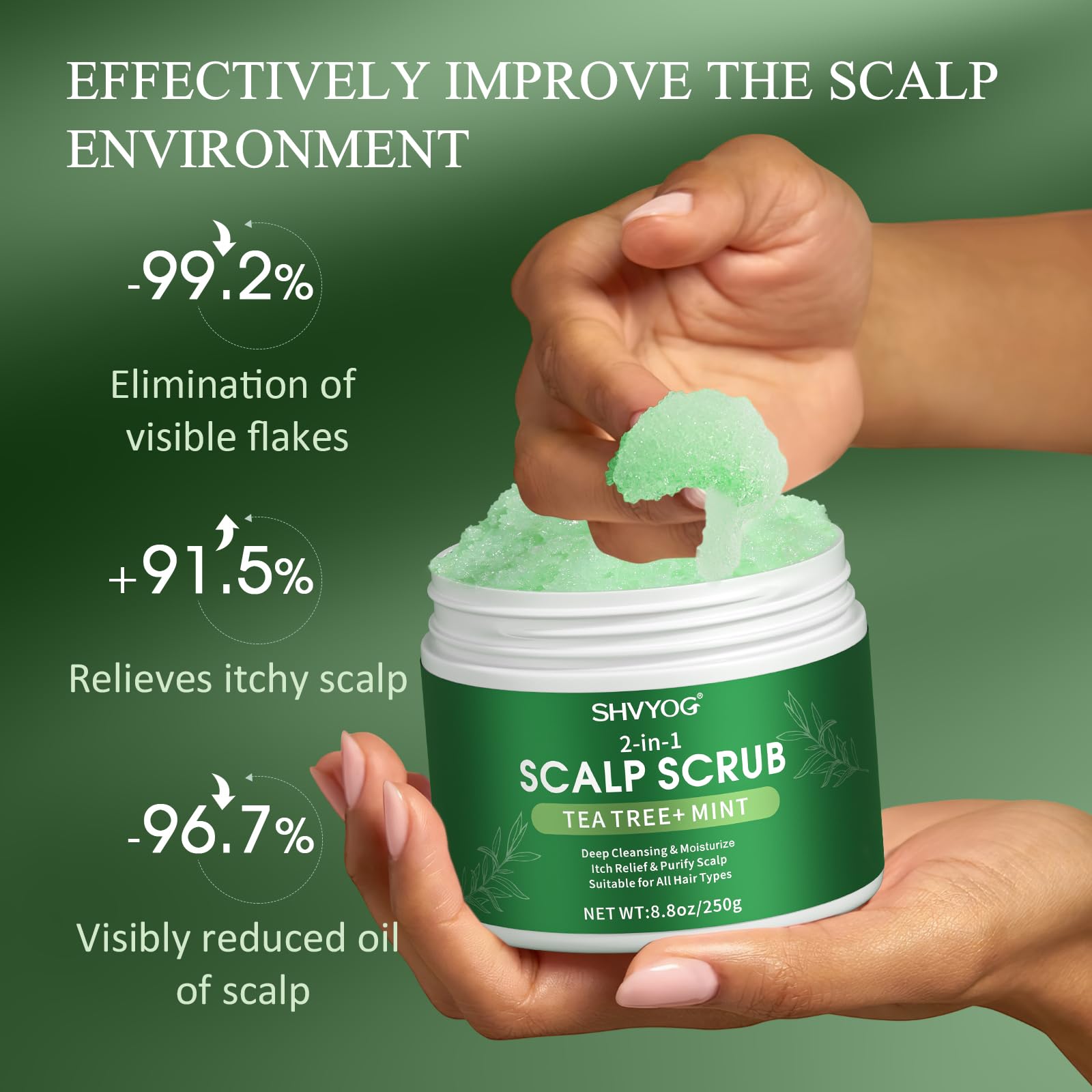 SHVYOG packaging shows peppermint and biotin ingredients for scalp care.