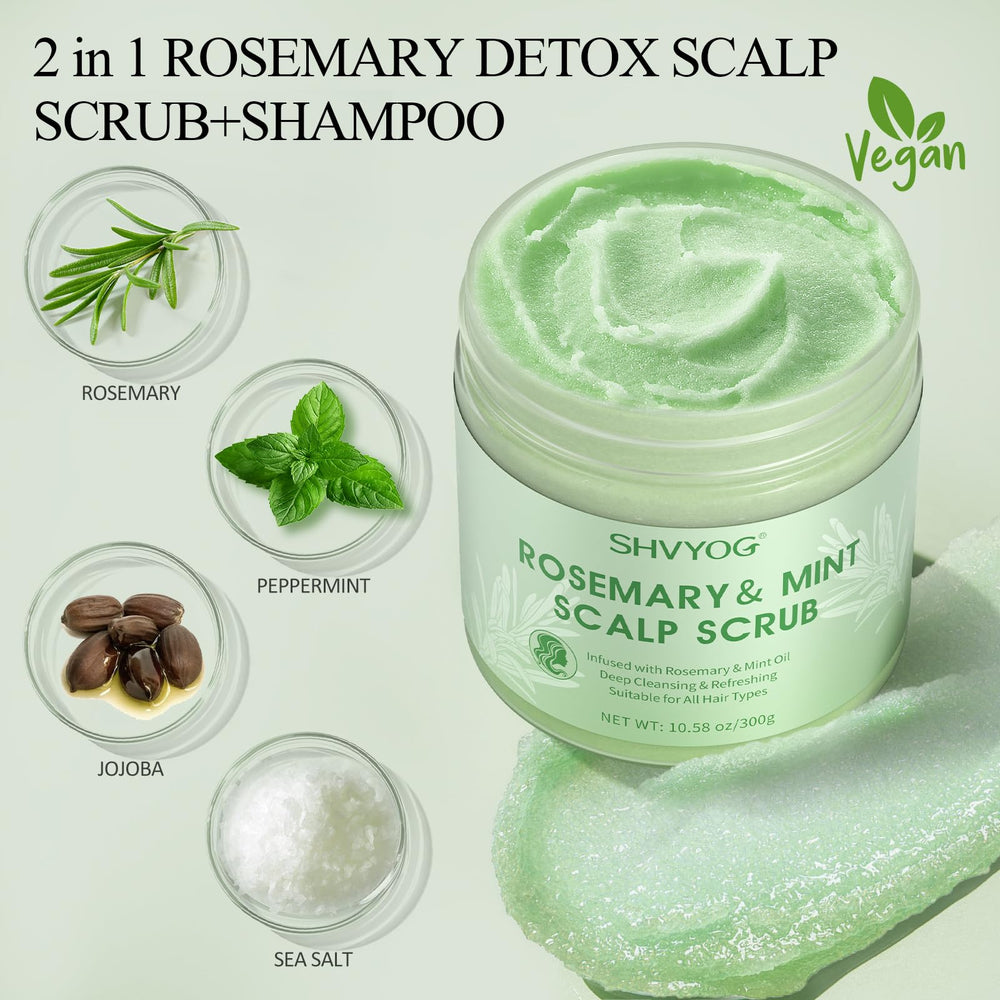 SHVYOG rosemary scalp scrub jar closeup shows textured exfoliant for buildup removal