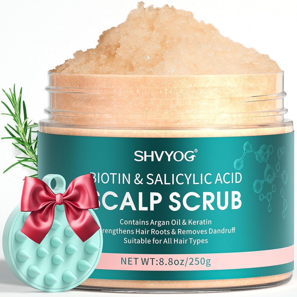 SHVYOG scalp scrub biotin three-percent salicylic acid pump close-up shows clarifying cleanse