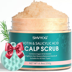 SHVYOG scalp scrub biotin three-percent salicylic acid pump close-up shows clarifying cleanse