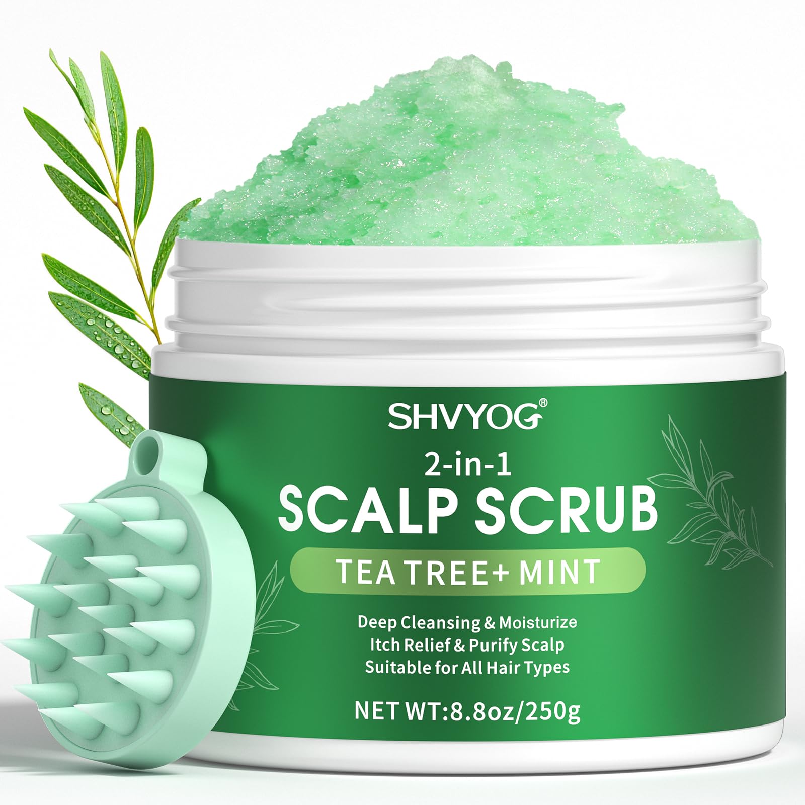 SHVYOG scalp scrub tea tree oil bottle for detox and itch relief.