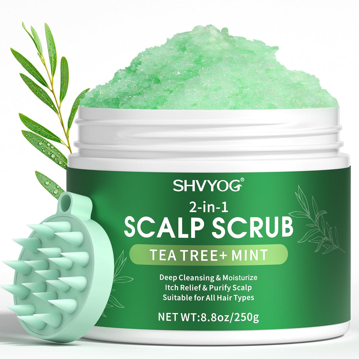 SHVYOG scalp scrub tea tree oil bottle for detox and itch relief.