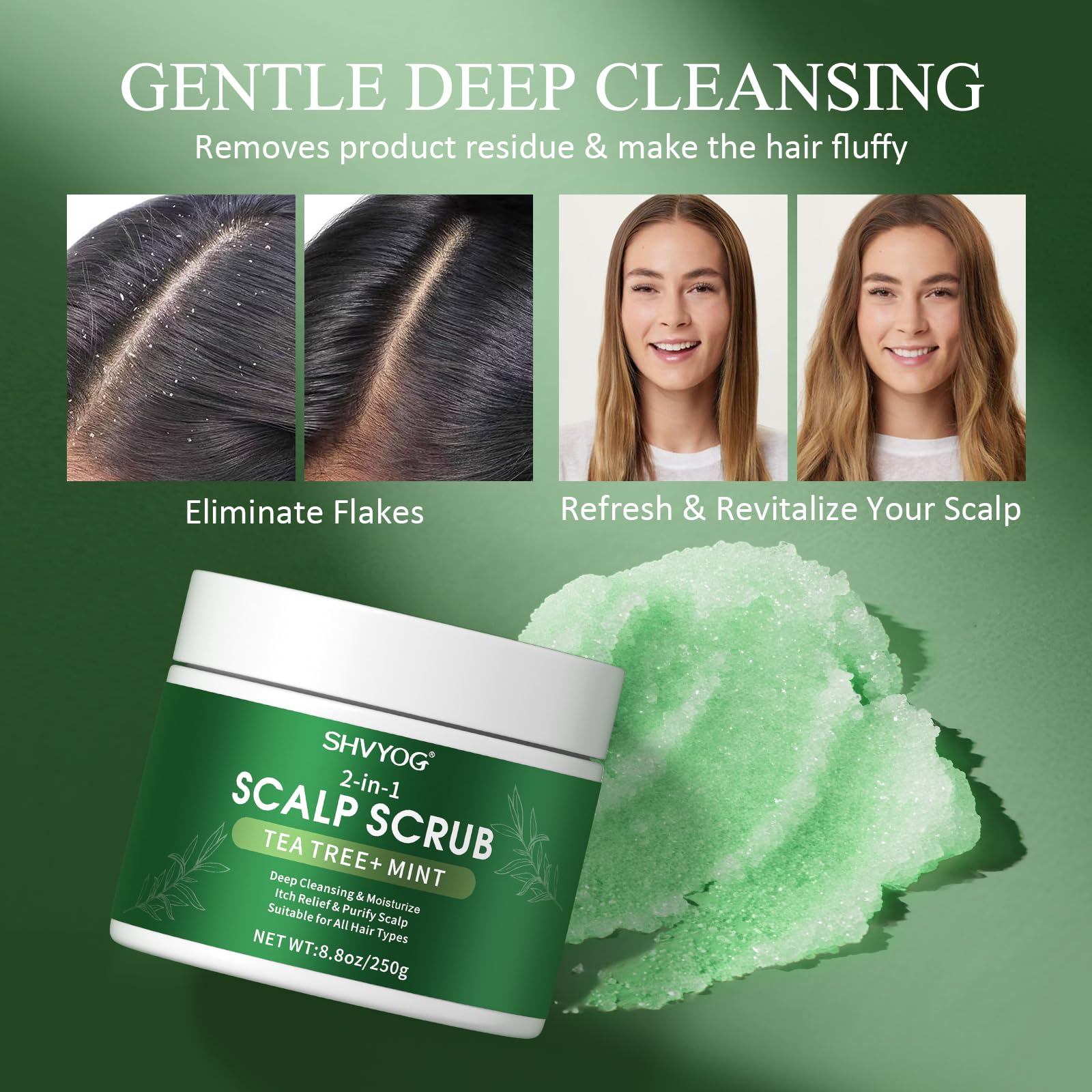 SHVYOG sea salt crystals in exfoliator for gentle cleansing.