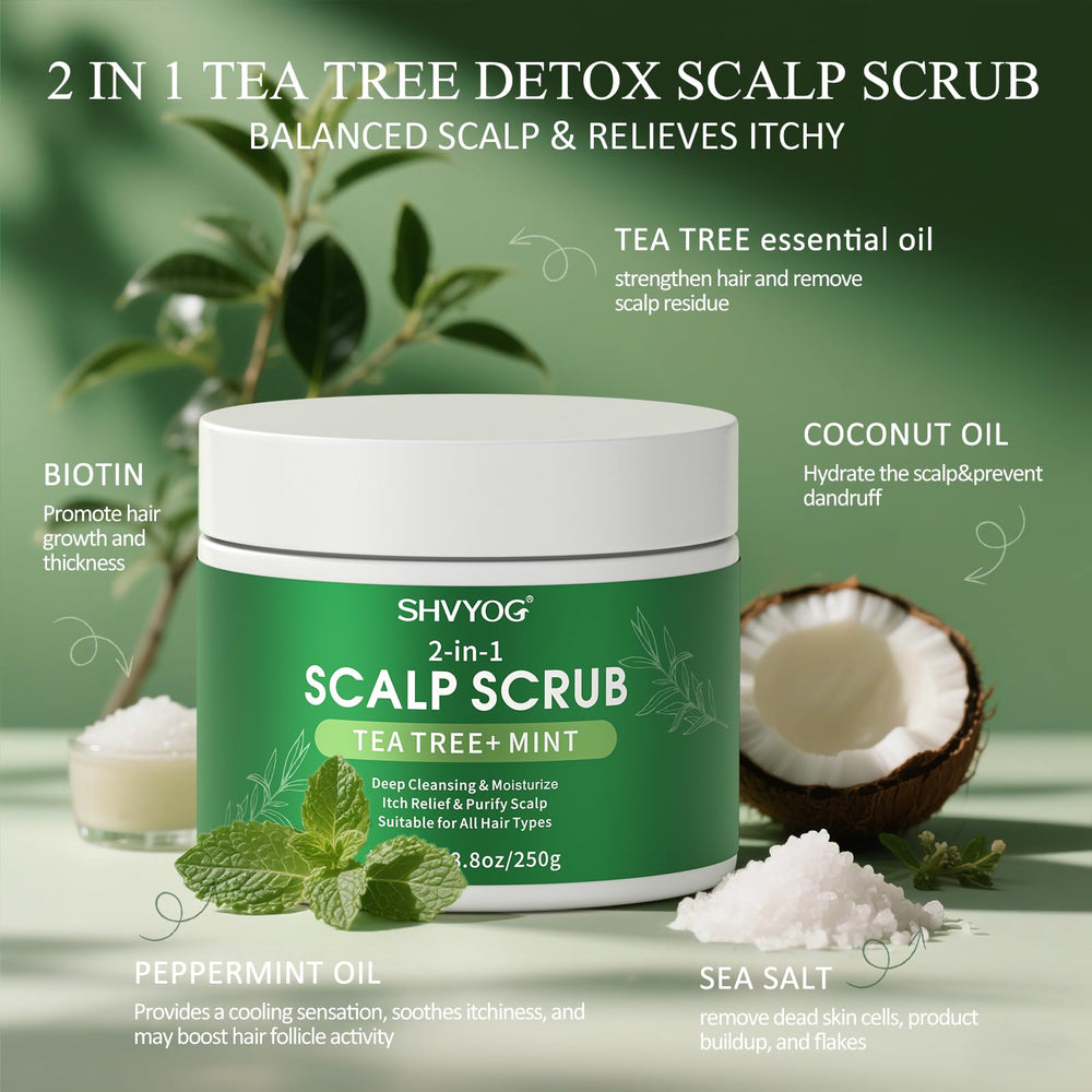 SHVYOG tea tree exfoliator with silicone massager tool for circulation.