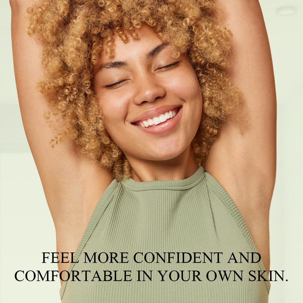 Hands applying scrub to underarms show multi-use guidance.