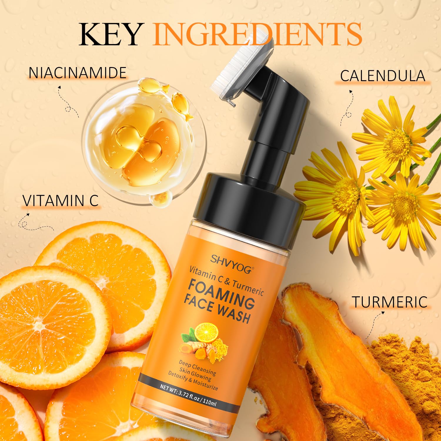 SHVYOG Vitamin C Turmeric Face Wash rich foam demonstrates gentle daily cleansing.