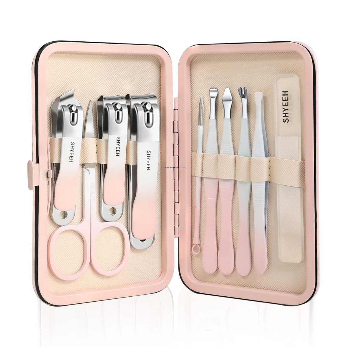 SHYEEH manicure set in leather case protects tools during travel.