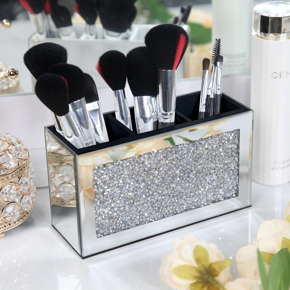 SHYFOY mirrored makeup brush holder with crystal diamond detail for vanity decor