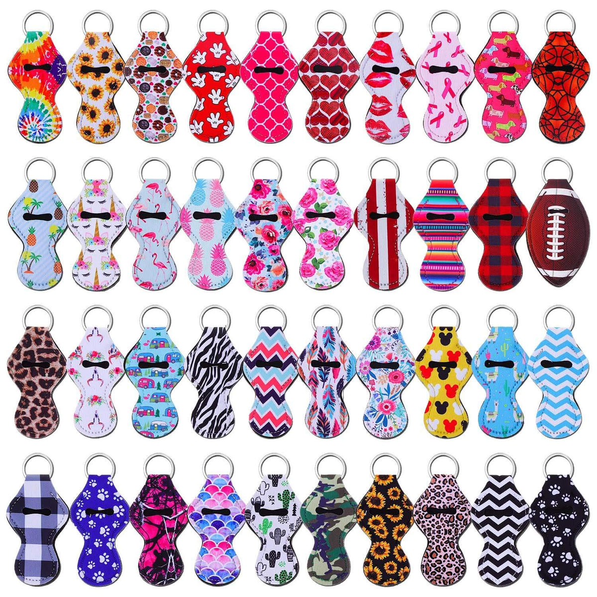 Shynek chapstick holder keychain in neoprene patterns, easy to spot and access lip balm