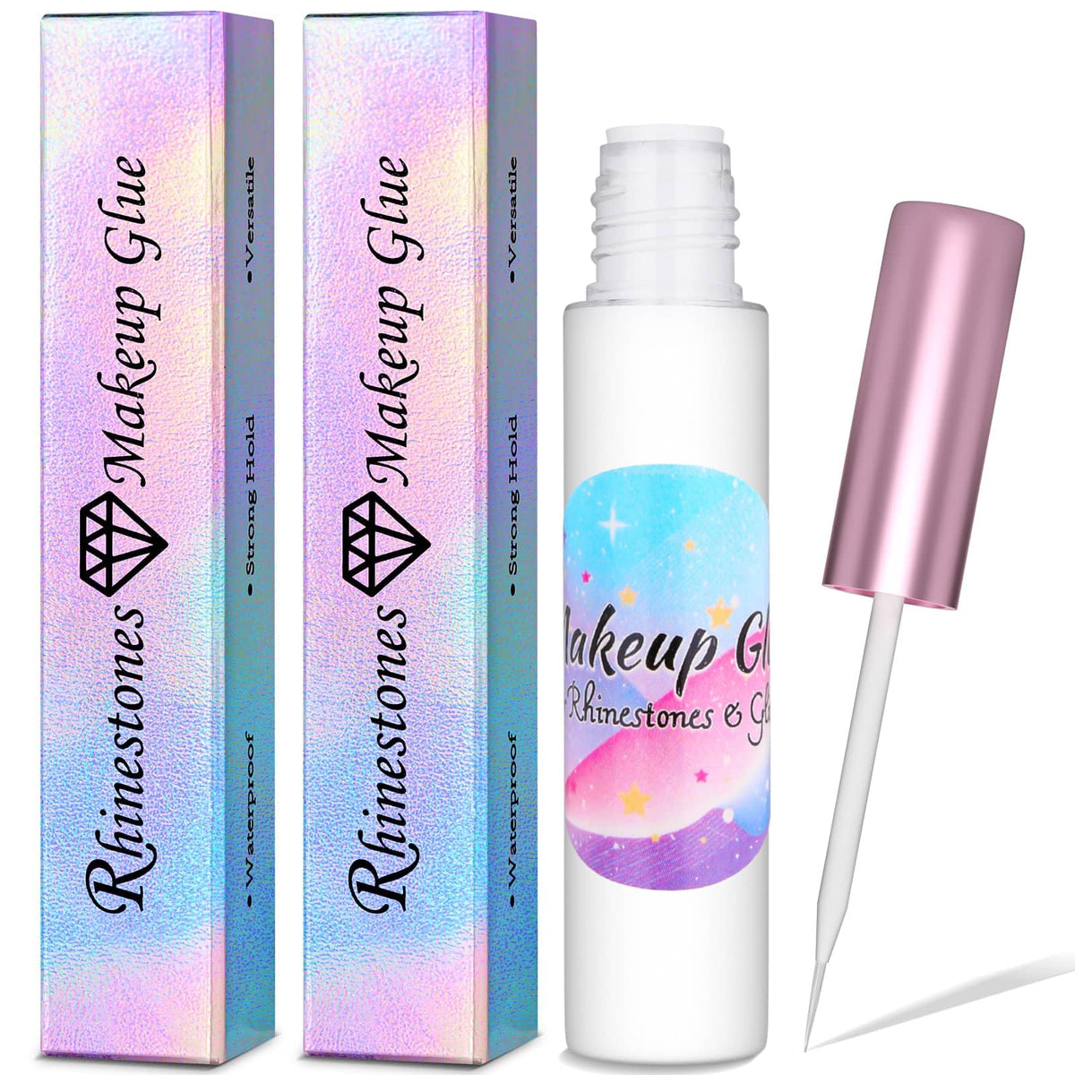 Shynek rhinestones face glue bottle closeup for strong hold on gems during cosplay.