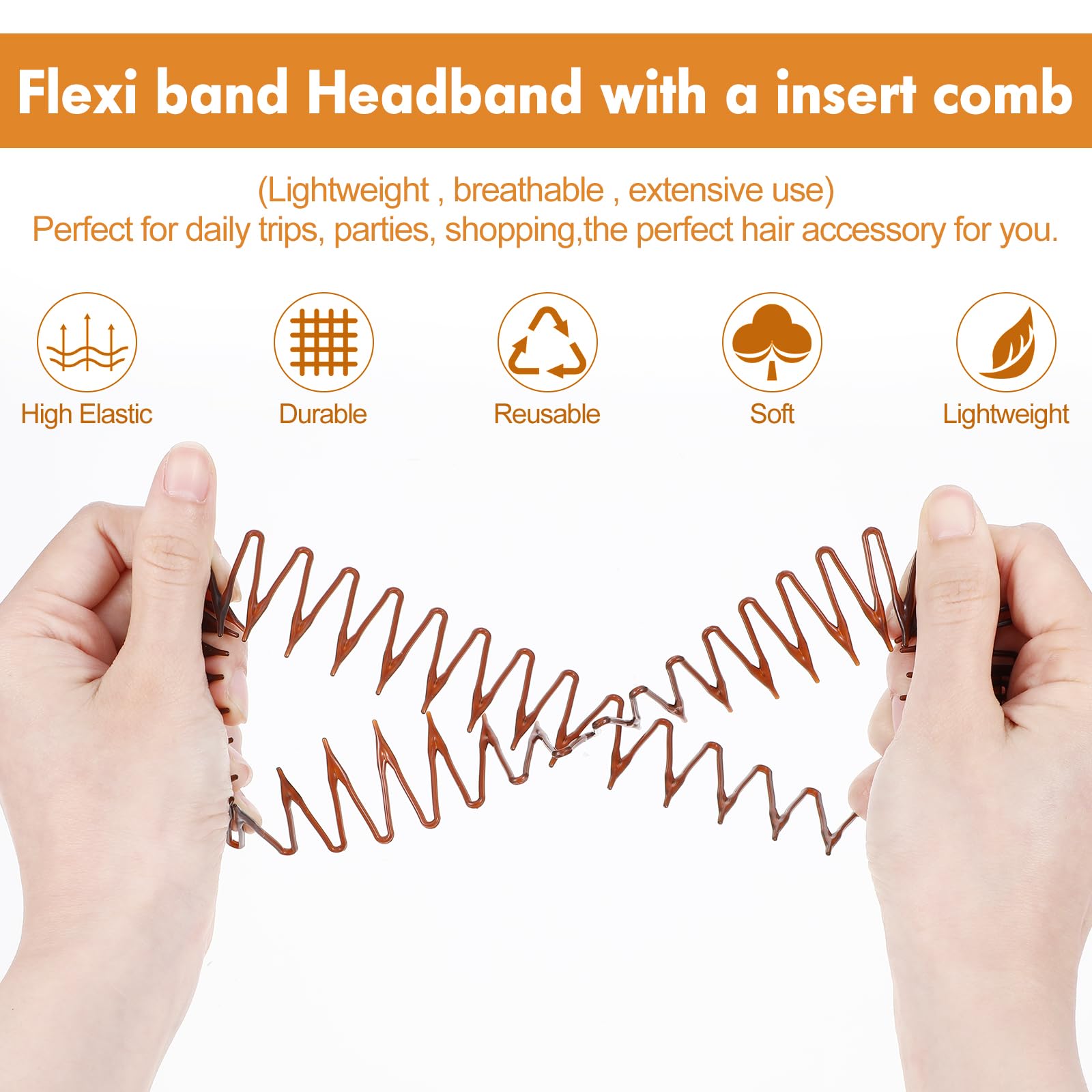 Sibba stretchy plastic headband demonstrates comfortable stretch and control.
