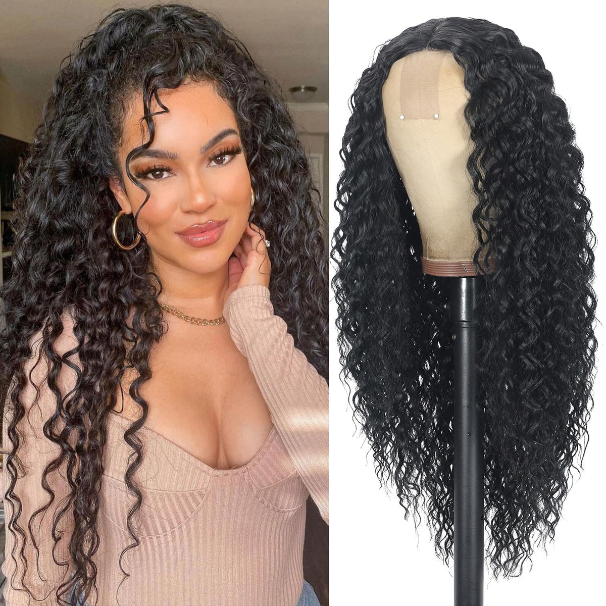Siddiuop Curly Wig 26inch long black wig for natural volume and elegant daily look.