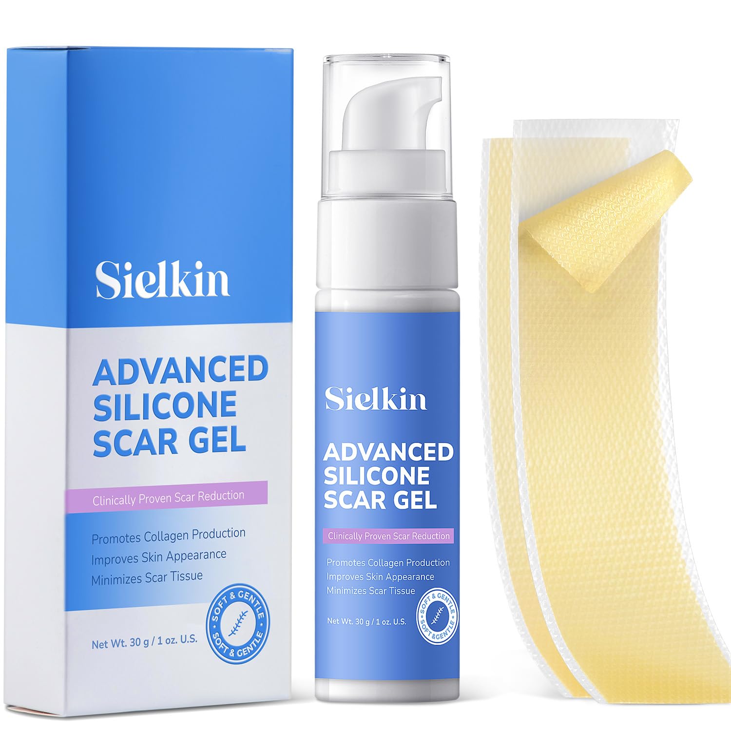 Sielkin scar gel bottle closeup showing medical-grade formula for scar care support.