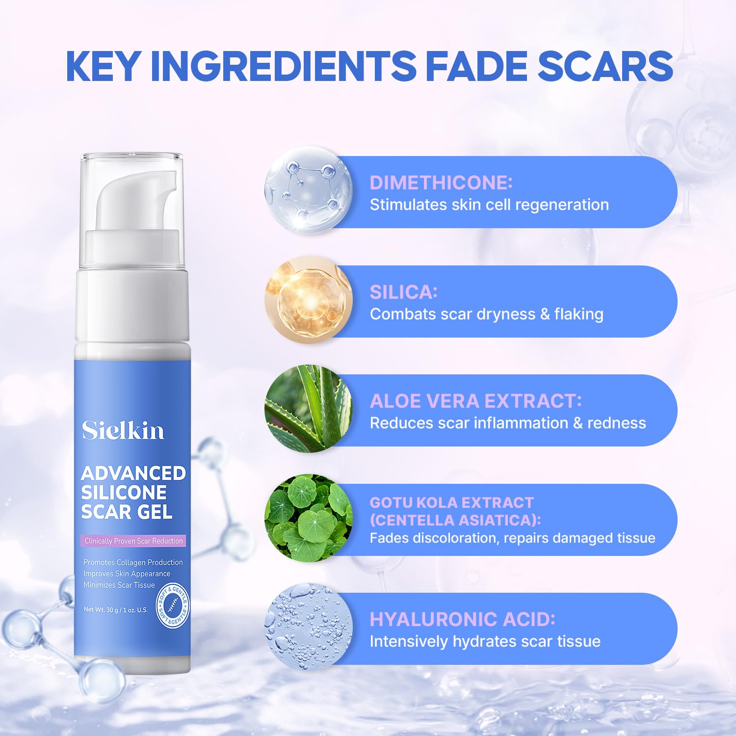 Sielkin silicone scar gel image emphasizing waterproof formula for all-day wear.