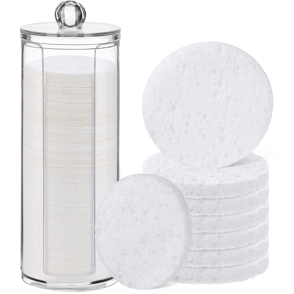 Sieral compressed facial sponges in a white container support organized daily cleansing