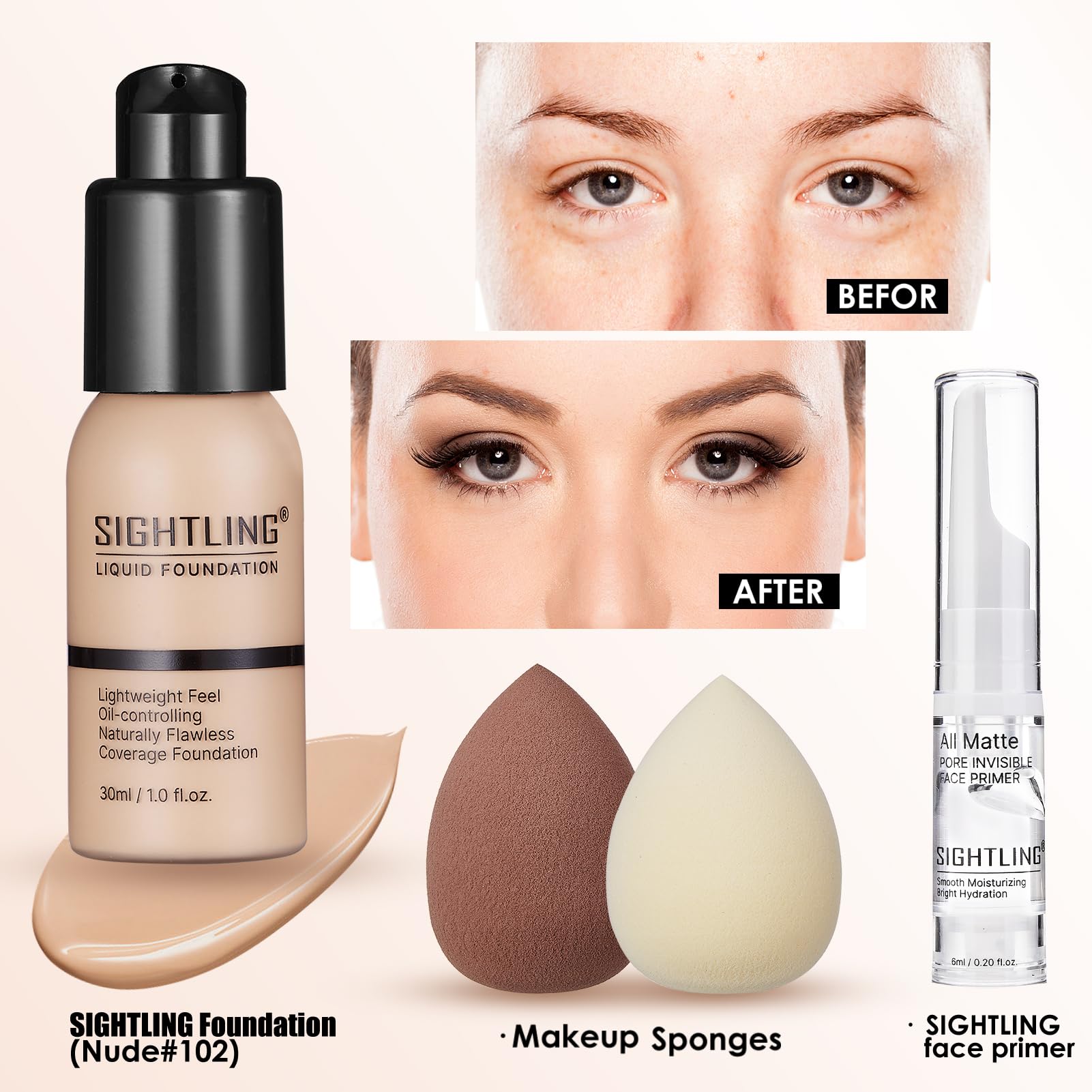 Sightling foundation bottle shows buildable base for even skin tone.