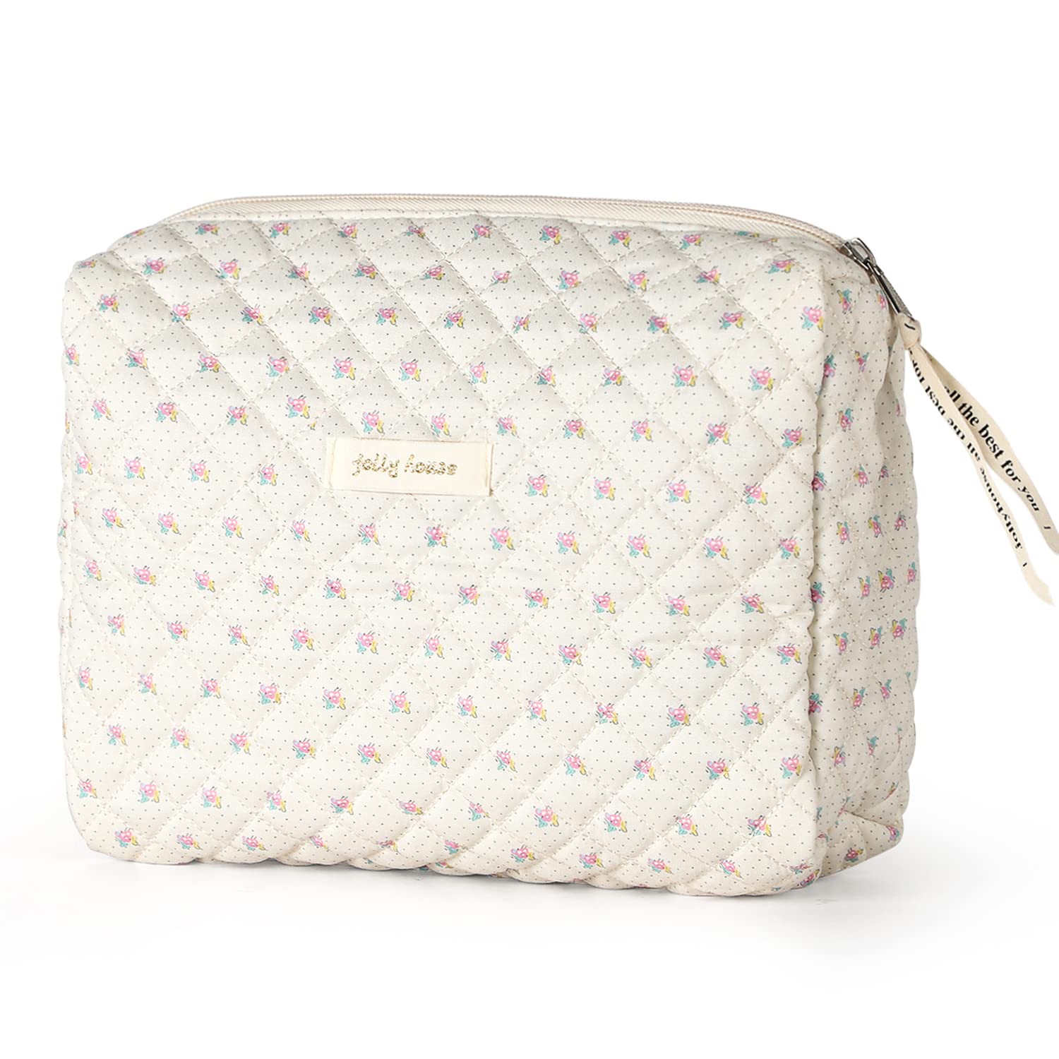 Sightor cotton makeup bag beige front view with quilted finish for everyday storage