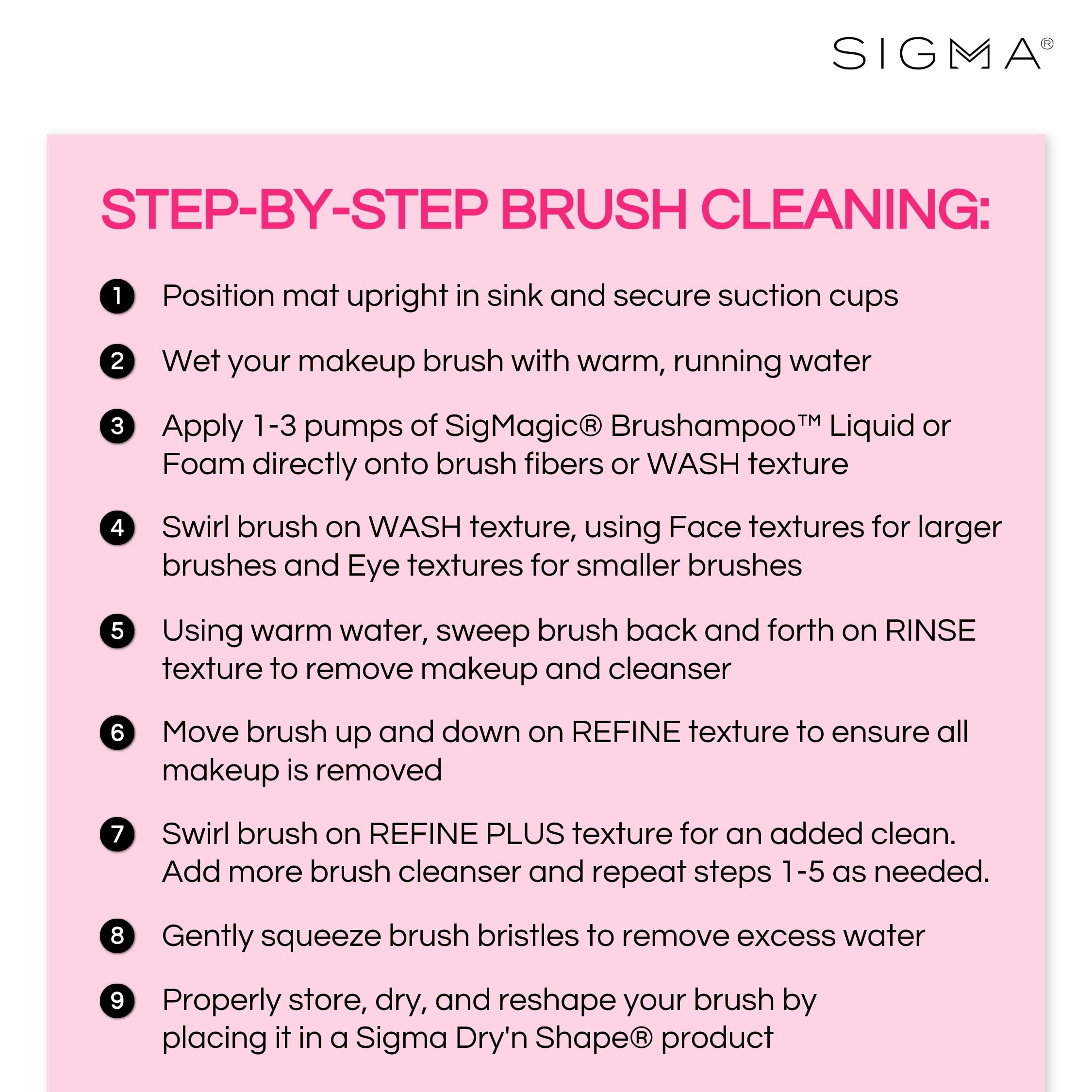Sigma Beauty brush cleaner mat pink in-use allows you to swirl brushes on textured surfaces for effective cleaning.
