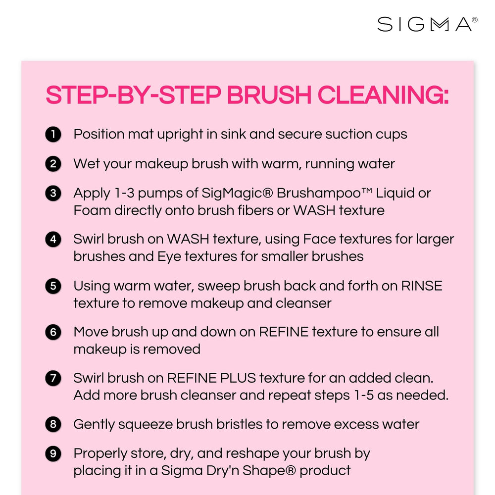 Sigma Beauty brush cleaner mat pink in-use allows you to swirl brushes on textured surfaces for effective cleaning.