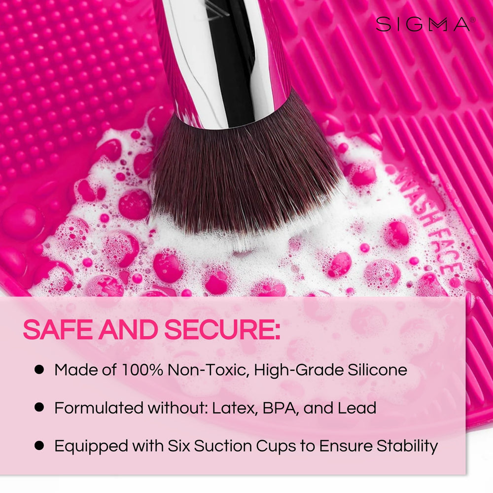 Sigma Beauty brush cleaner mat pink packaging image showcases a stylish, shelf-ready product.