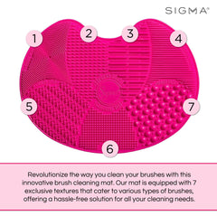Sigma Beauty brush cleaner mat pink suction cups demonstrate hands-free cleaning during use.
