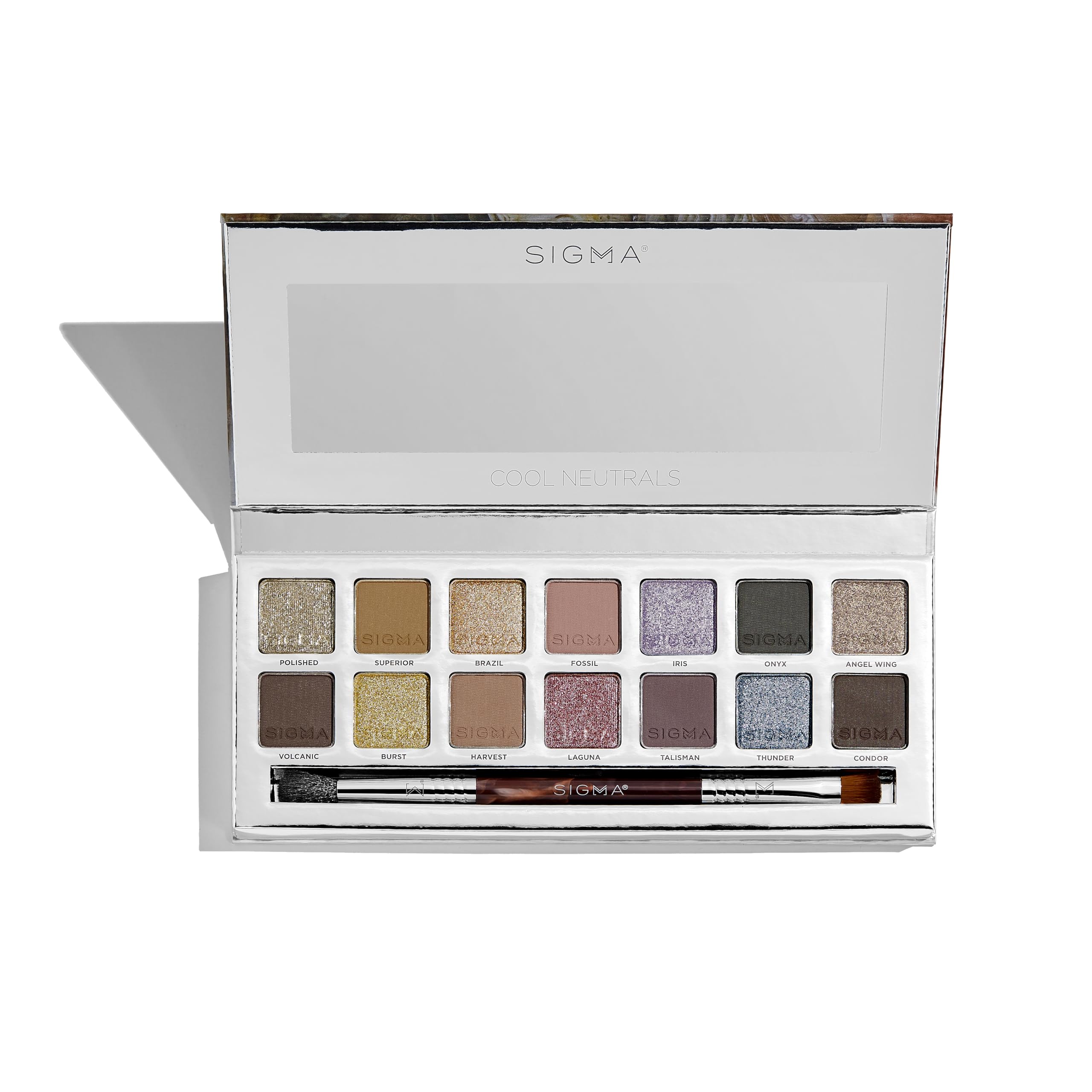 Close-up of Sigma Beauty Cool Neutrals swatches with matte, glitter, and metallic finishes