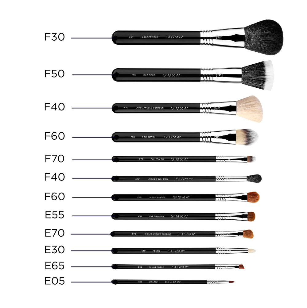 Sigma Beauty Essential brushes metal-plated waterproof handles emphasize durability and longevity.