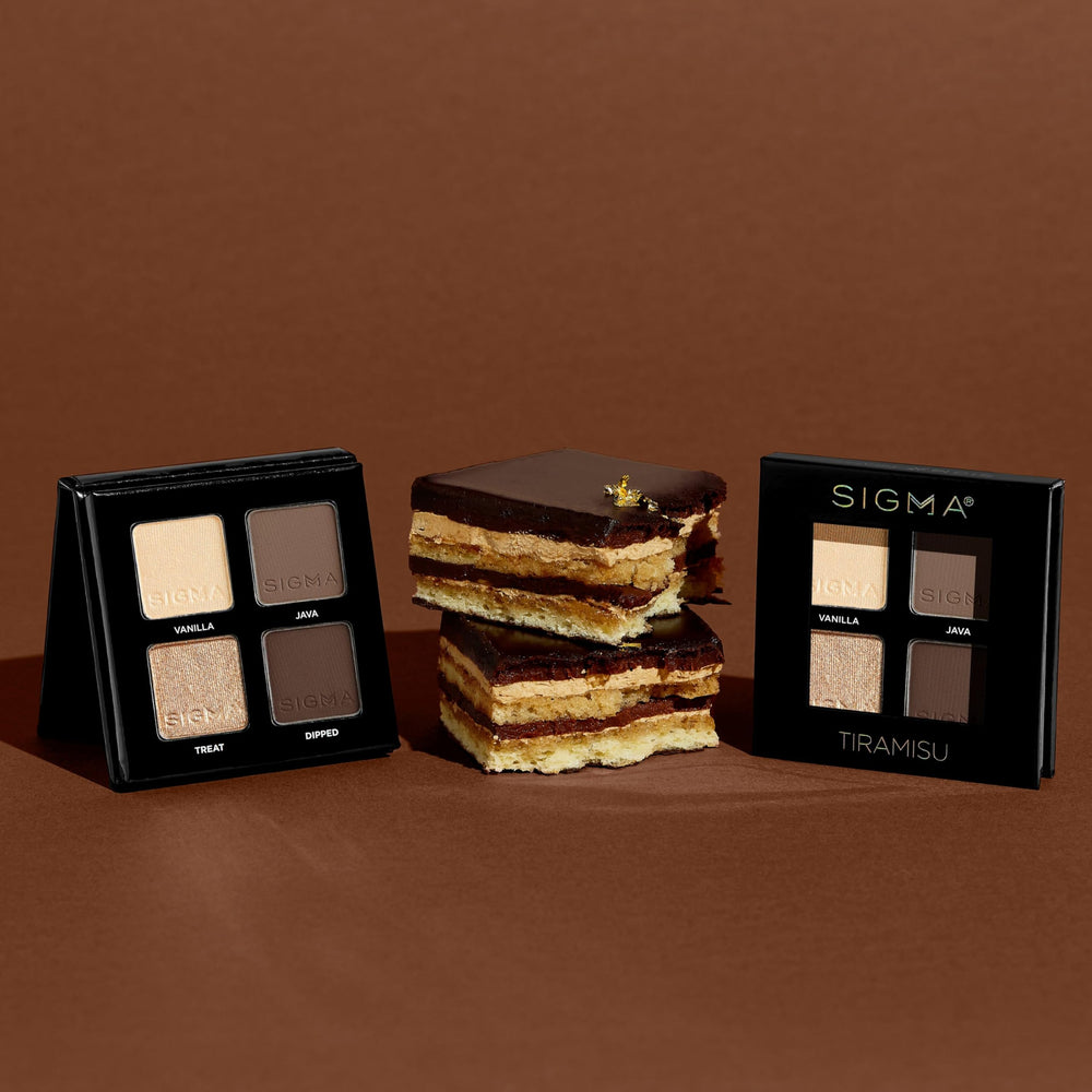 Sigma Beauty Tiramisu palette swatches show shimmer and matte finishes for versatile styles.