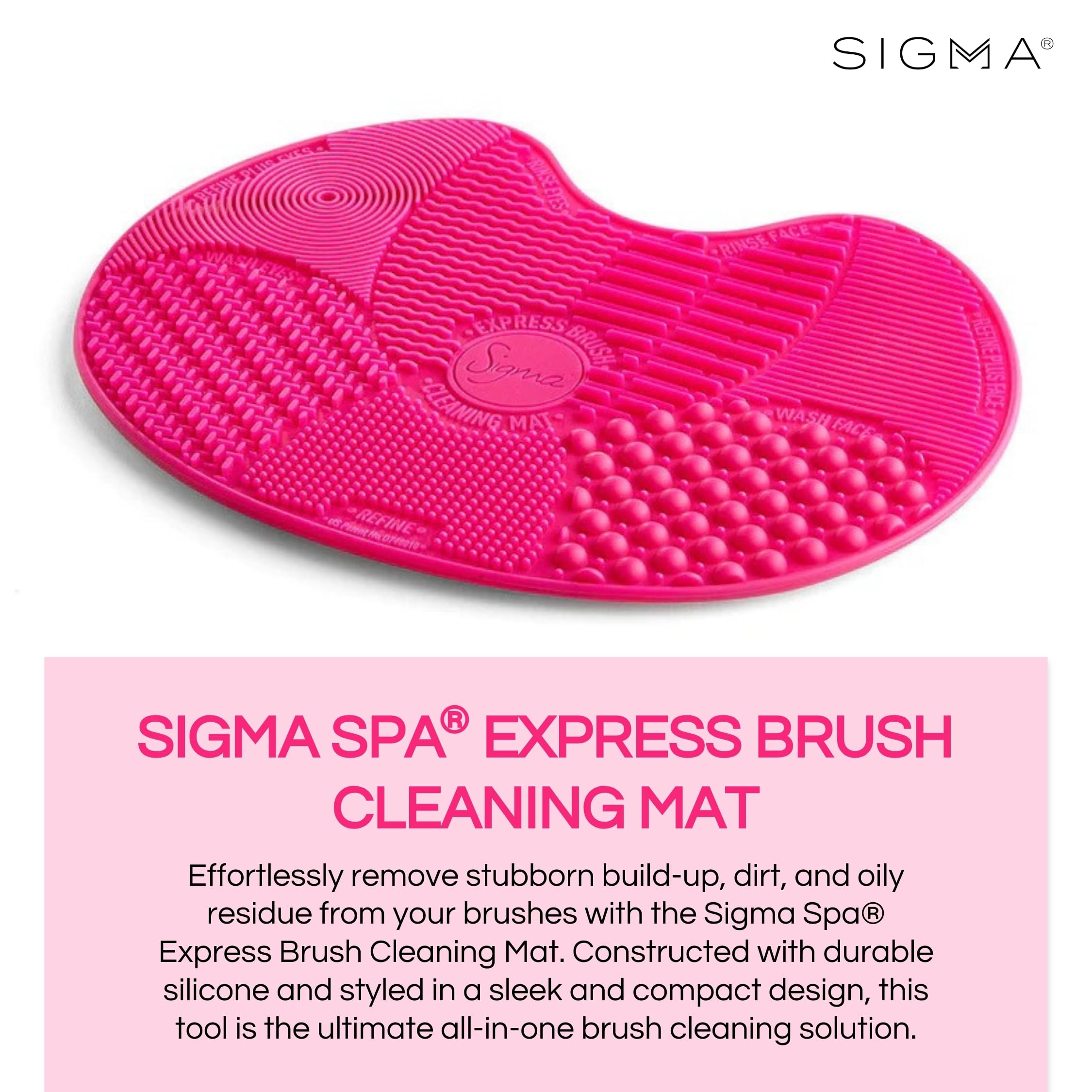 Sigma Spa Express silicone mat textures close-up highlights seven grip surfaces for deeper cleaning.
