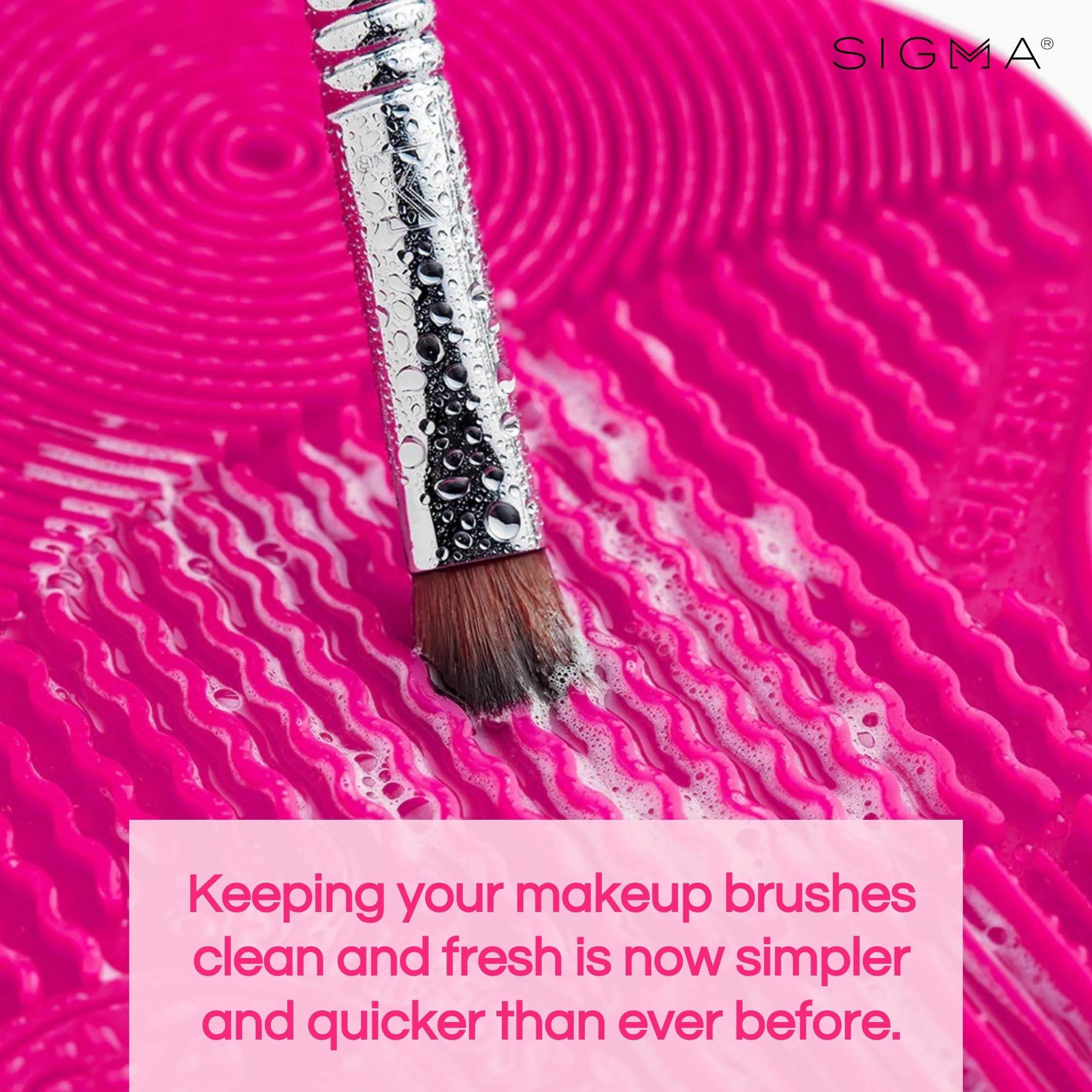 Sigma Spa Express silicone mat pink closeup confirms BPA-free material and durable texture.
