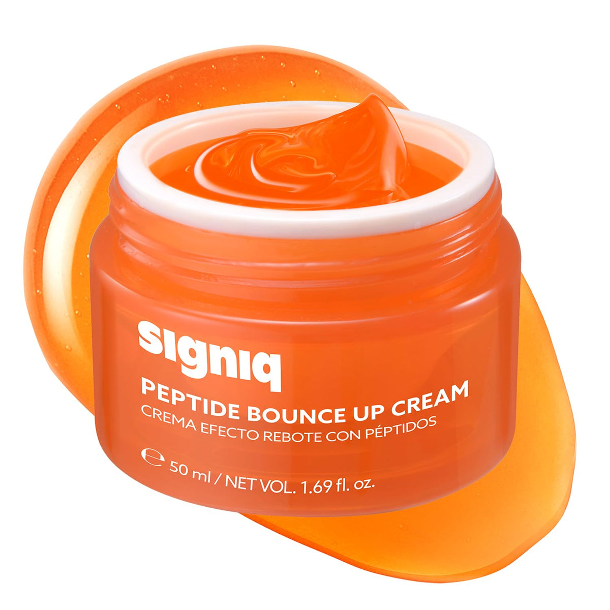 signiq Peptide Bounce Up Cream jar closeup showing hydration and glow.