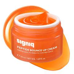signiq Peptide Bounce Up Cream jar closeup showing hydration and glow.