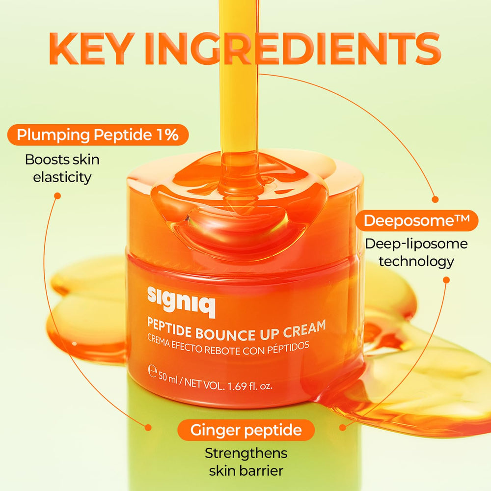 signiq Peptide Bounce Up Cream spatula application on palm for thin-layer use.