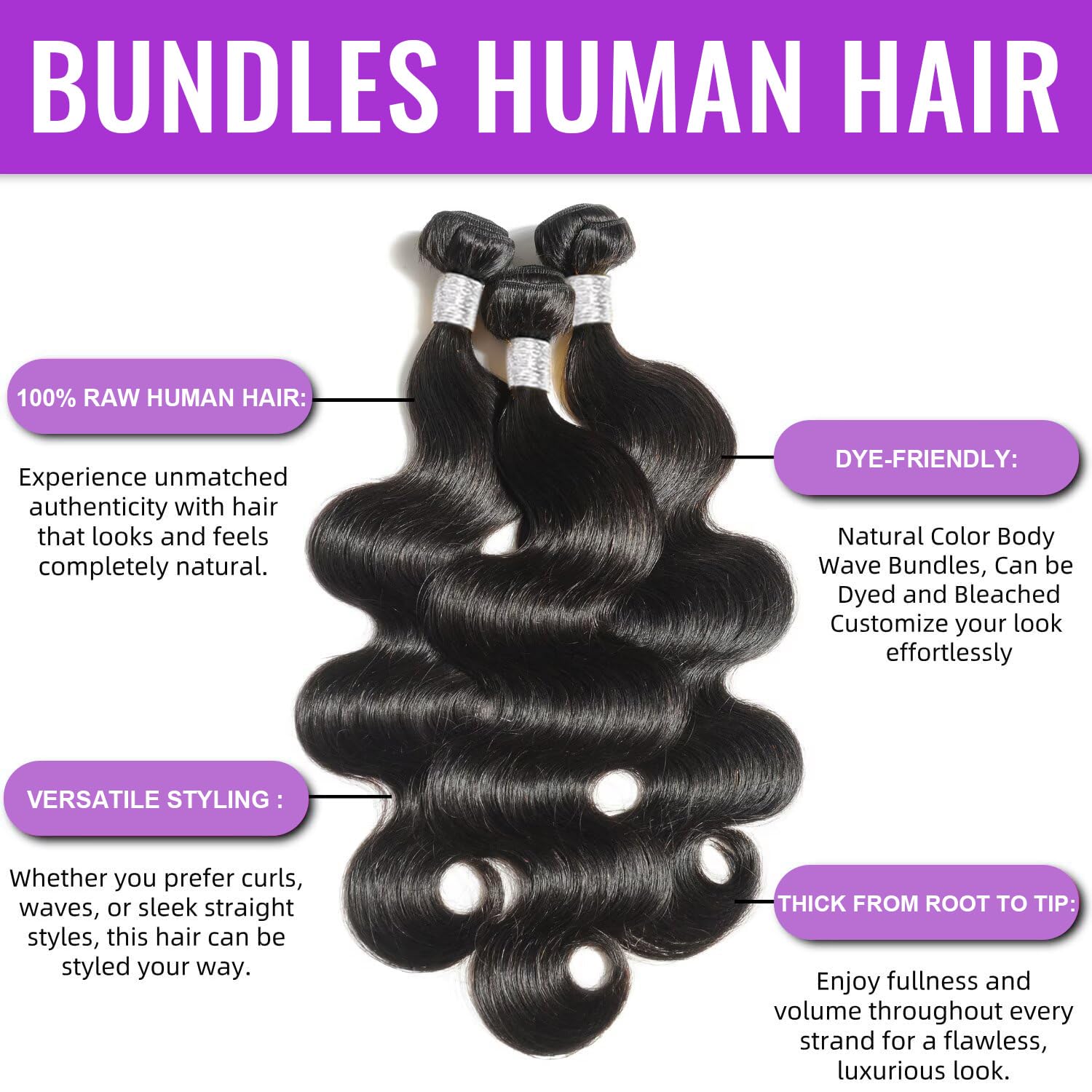 Silaiya 12A body wave bundles 20inch natural black for fuller volume.
