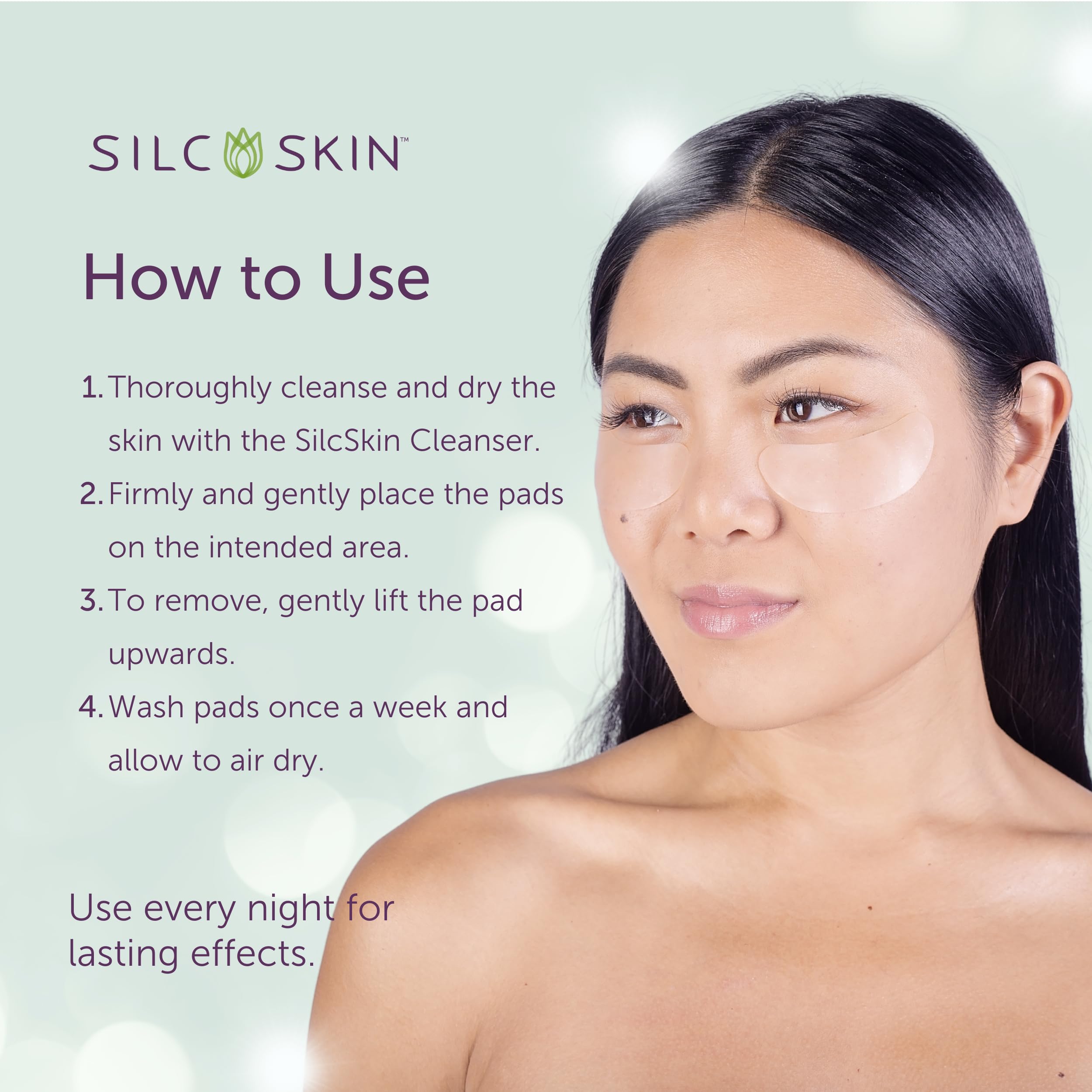 SilcSkin Eye Pads worn around eyes and neck for contoured fit.
