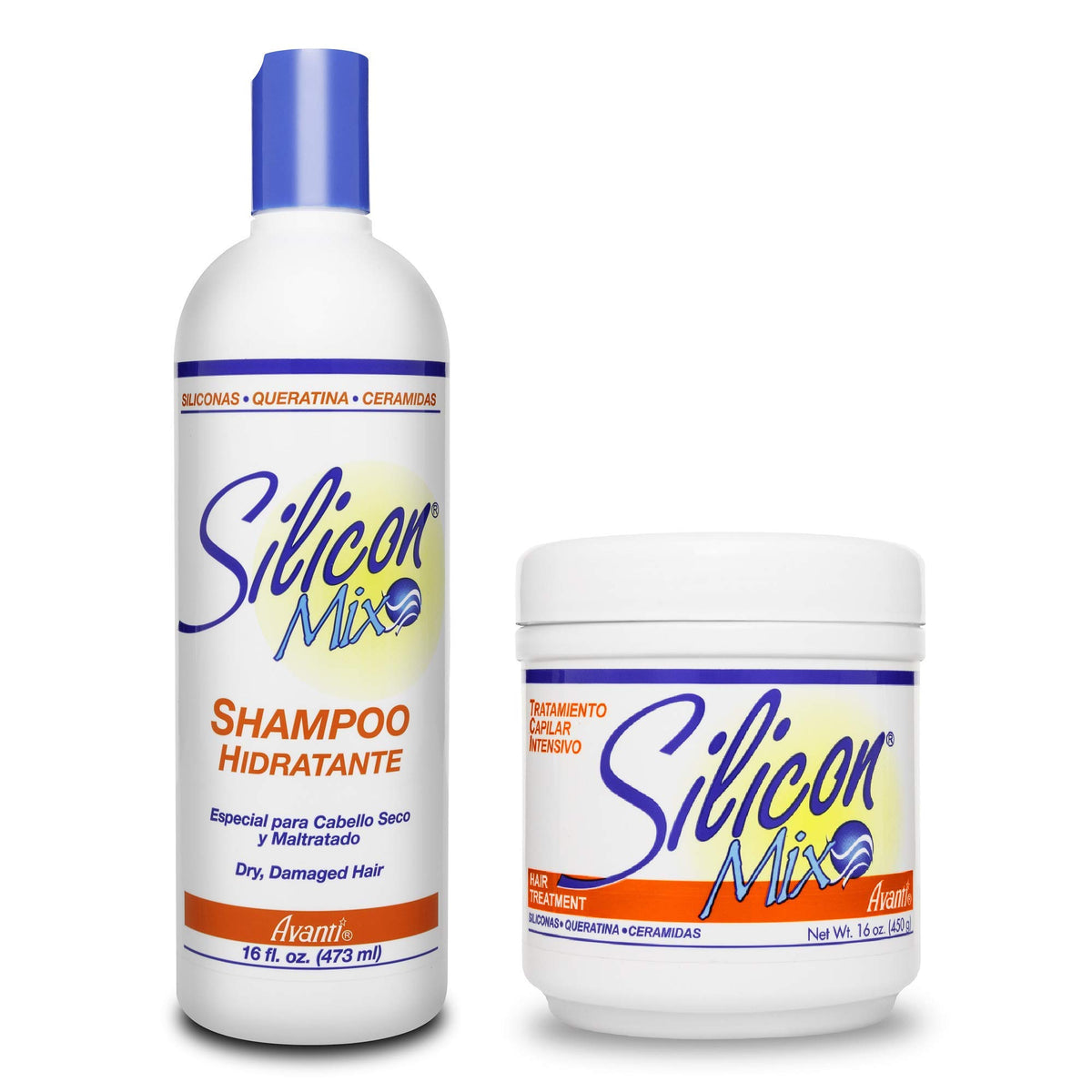 Silicon Mix hair-treatment shampoo bottle offers deep conditioning for dry, damaged hair and frizz control.