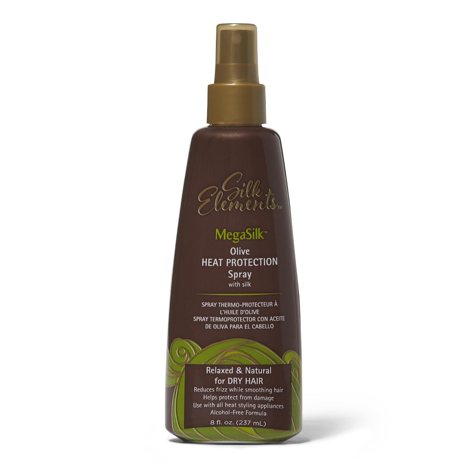  Silk Elements Megasilk Olive Heat Protection Spray bottle showing frizz control and smoothing benefits