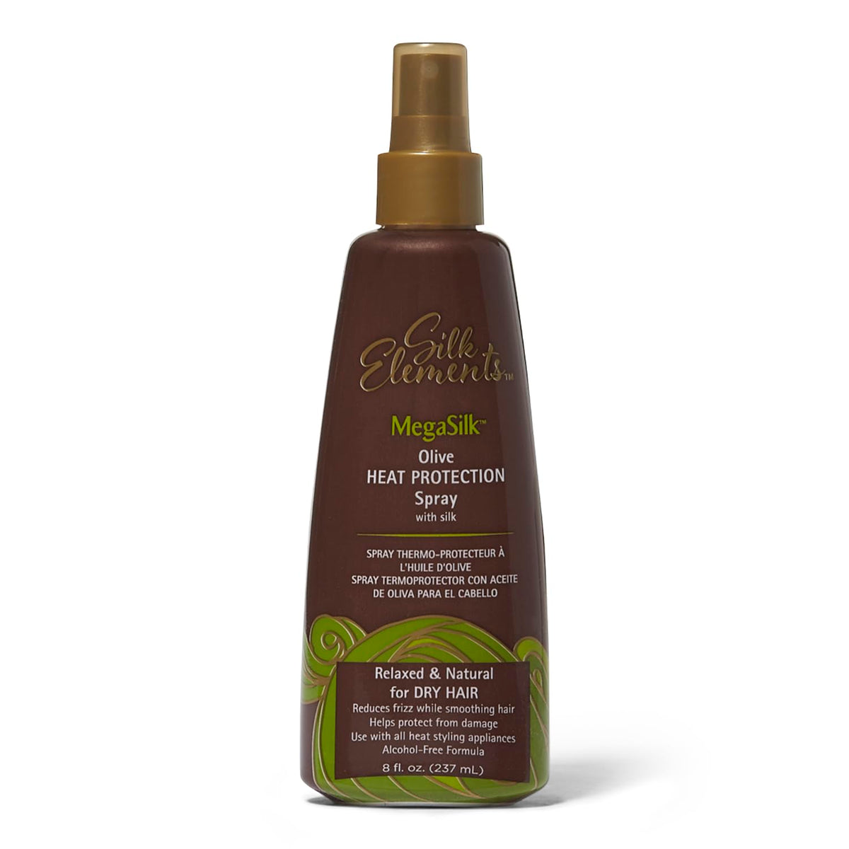  Silk Elements Megasilk Olive Heat Protection Spray bottle showing frizz control and smoothing benefits