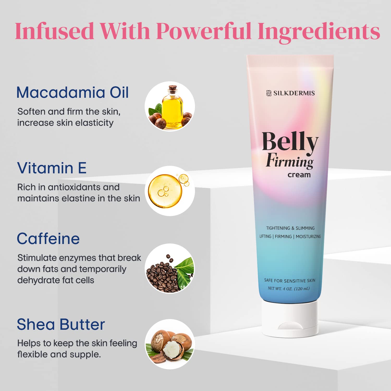 SILKDERMIS B Firming Cream being applied to abdomen for daily firming