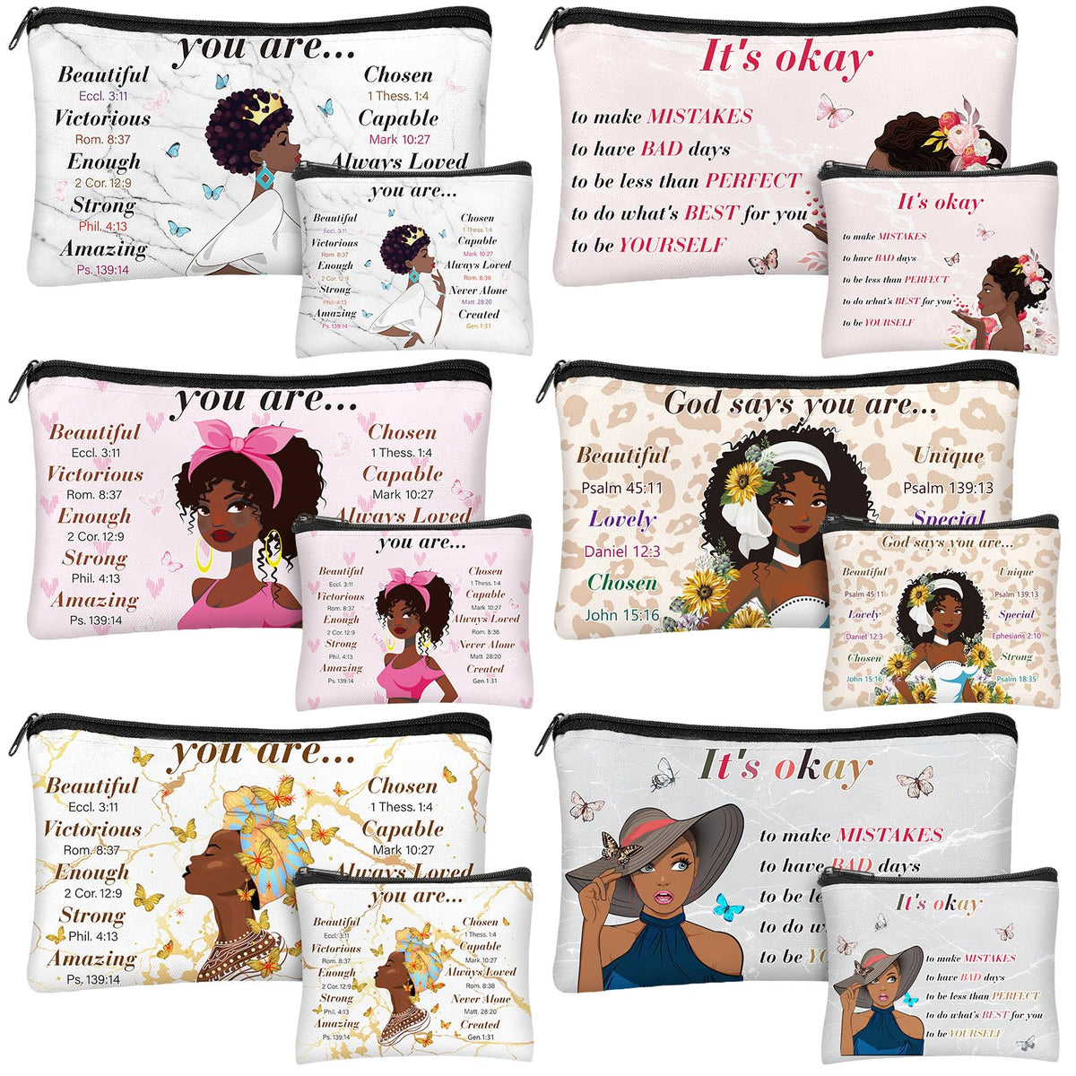 Silkfly African American makeup bags set with 12 styles for easy daily organization