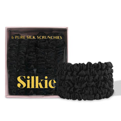 Silkie Silk Scrunchies midnight pack showing smooth, hair-friendly 100% silk for gentle styling.