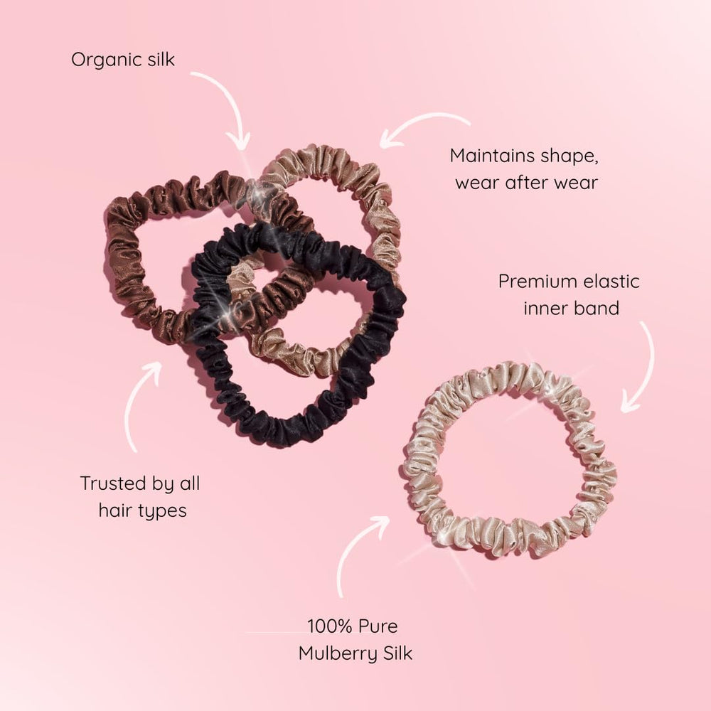 Silkie x4 set skinny scrunchies on wrist demonstrating versatile daily wear.