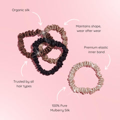 Silkie x4 set skinny scrunchies on wrist demonstrating versatile daily wear.