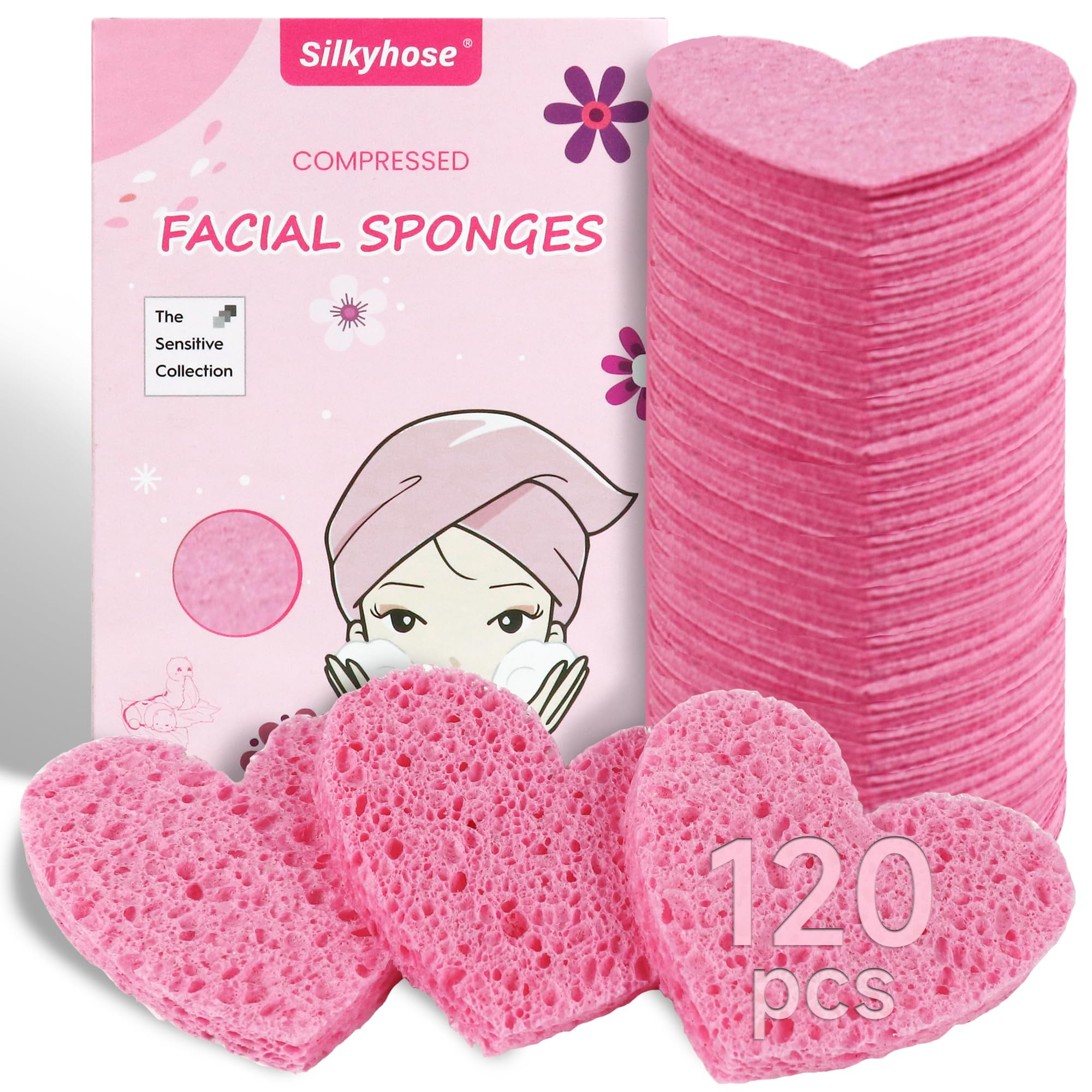 Silkyhose heart-shaped sponge pack viewed from top for gentle facial cleansing