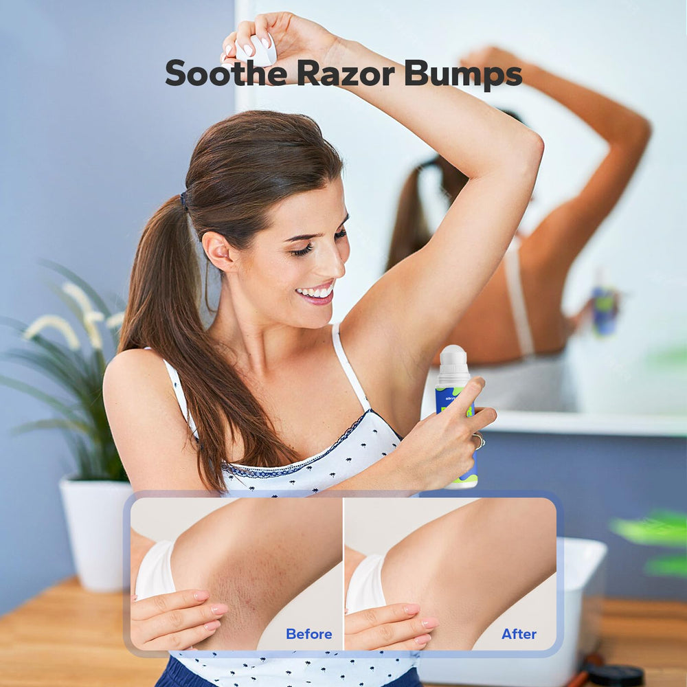 SilkySecret Razor Bump Stopper being applied to skin for soothing post-shave care and prevention.