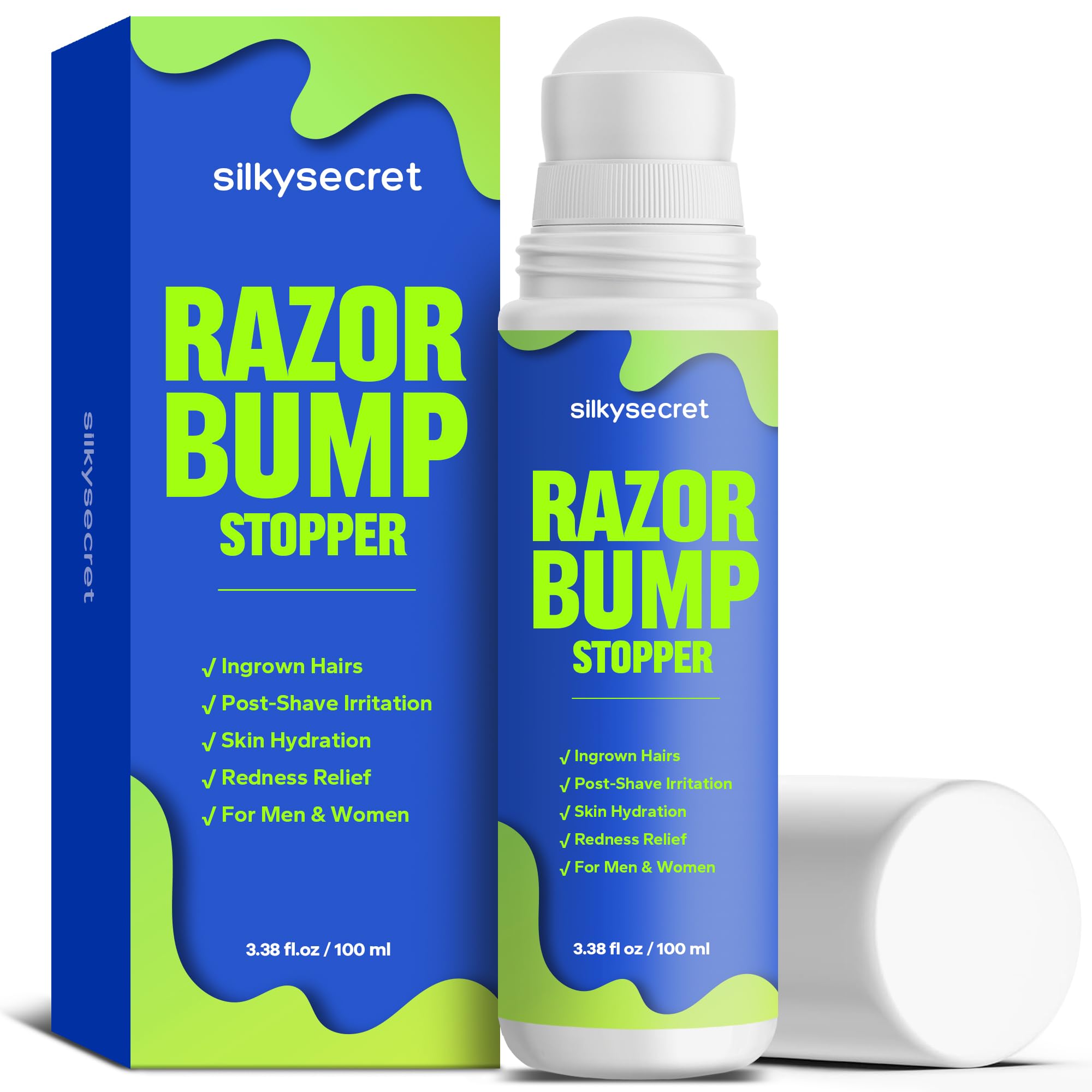 SilkySecret Razor Bump Stopper bottle for post-shave relief and smoothing sensitivity.