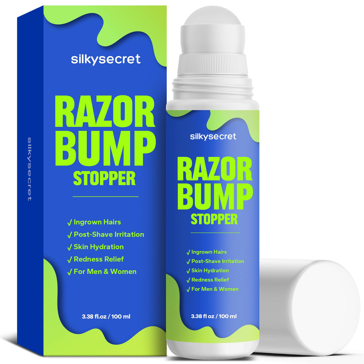 SilkySecret Razor Bump Stopper bottle for post-shave relief and smoothing sensitivity.