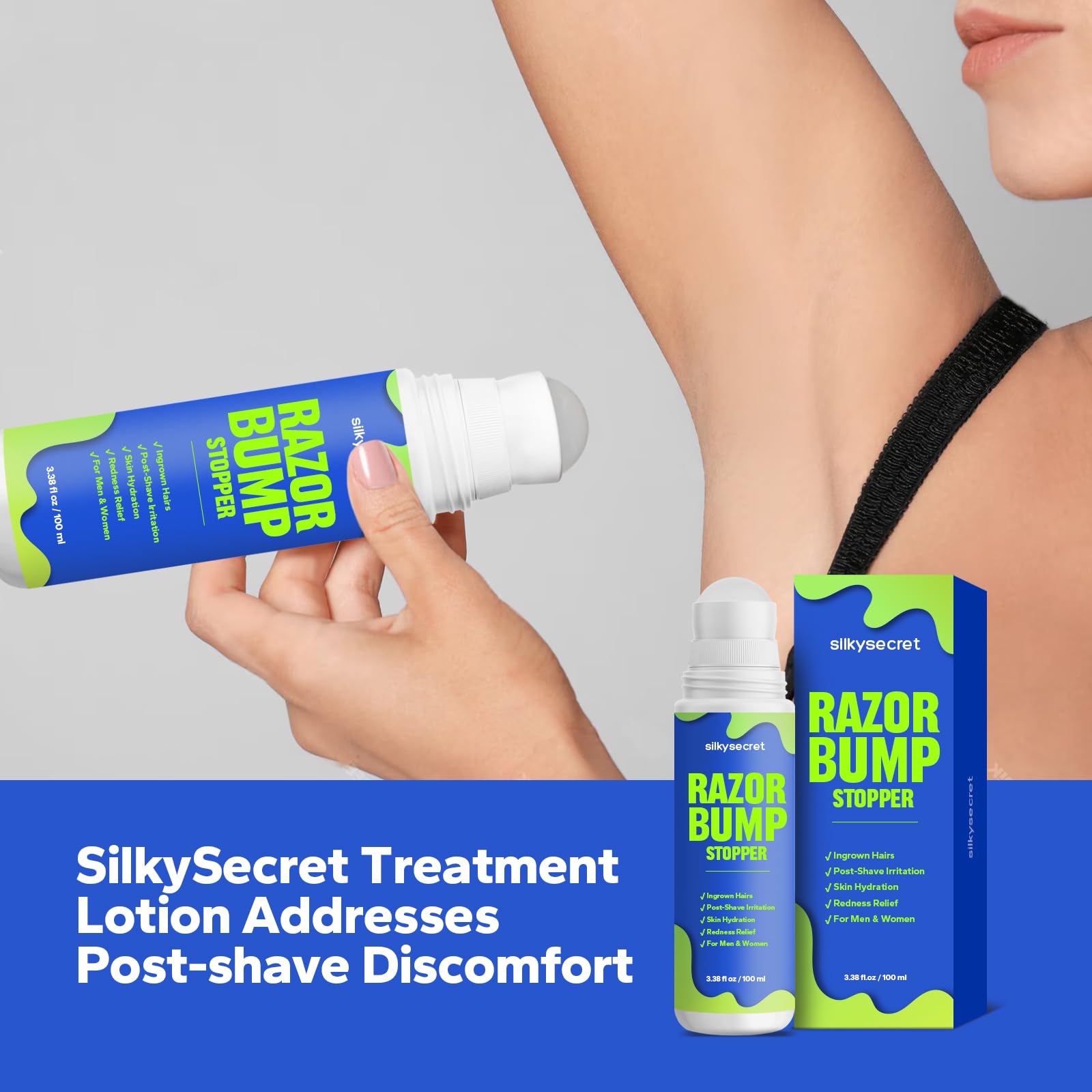 Hands applying SilkySecret Razor Bump Stopper for comforting post-shave care.