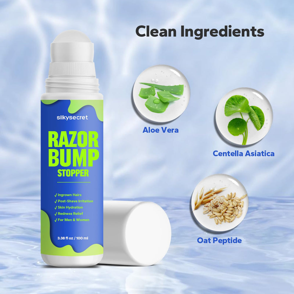 Product label of SilkySecret Razor Bump Stopper highlighting clean ingredients.