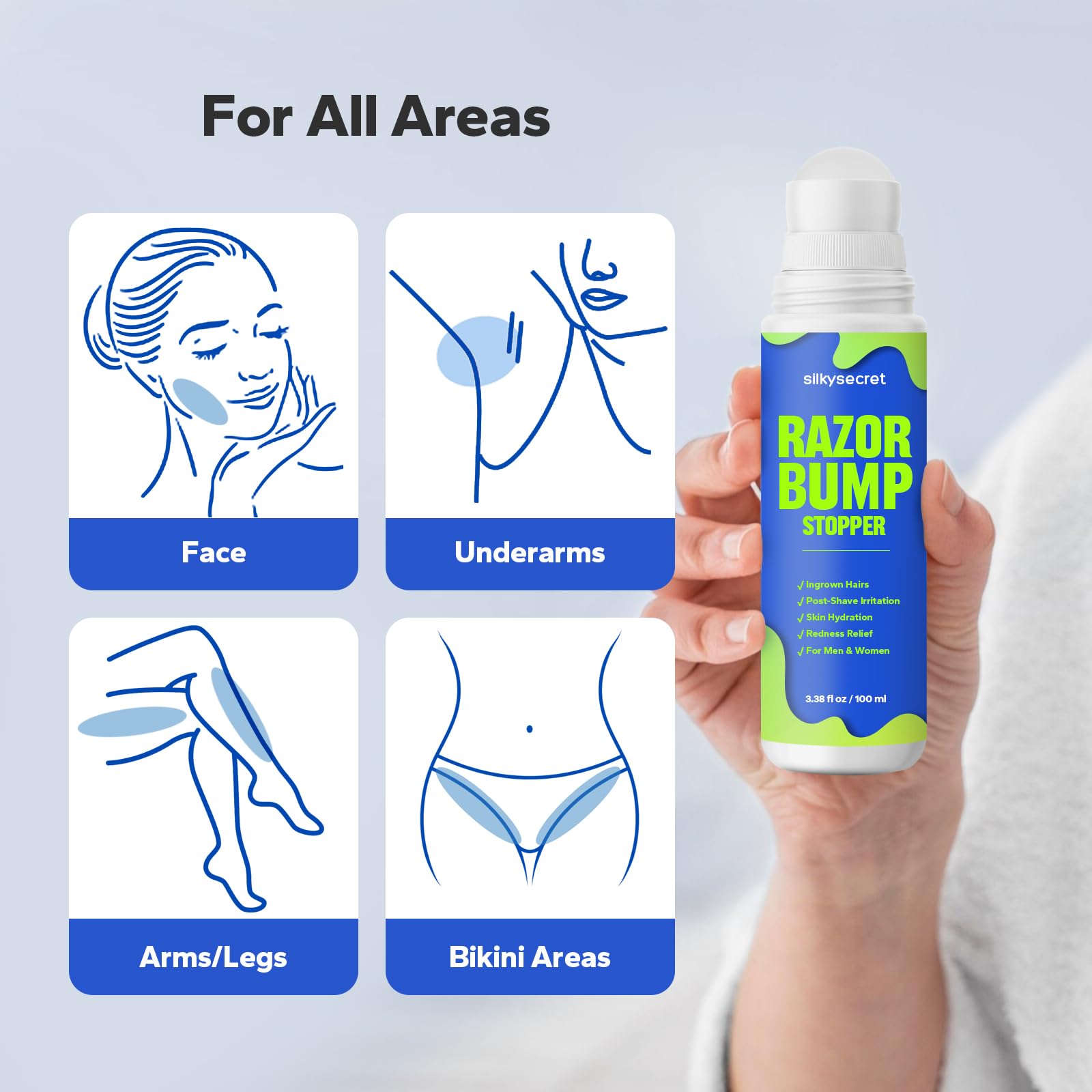 Box packaging for SilkySecret Razor Bump Stopper with versatile use.